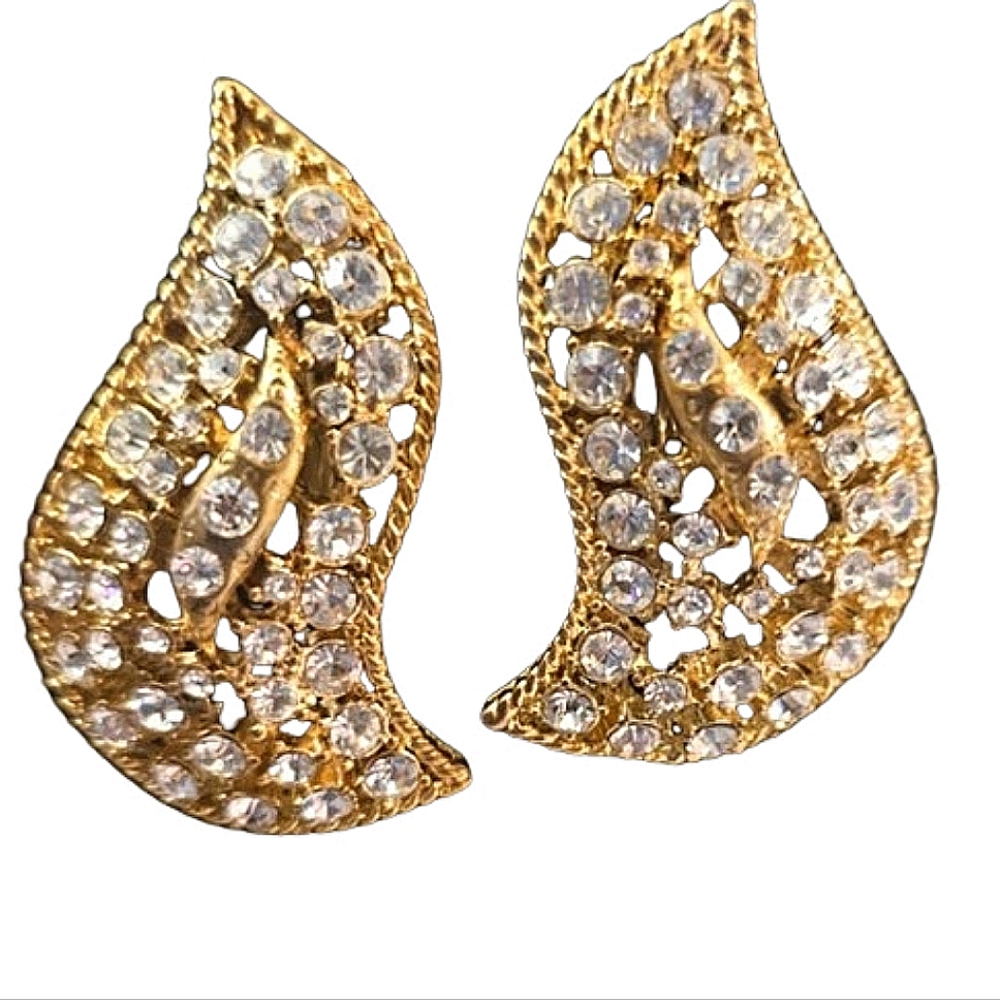 Vintage Gold, Crystal Rhinestone,  Clip On Earrings Unsigned